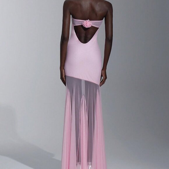 Pink Party Women's Elegant Bodycon Strapless maxi Mesh hem Dress - Picture 3 of 7